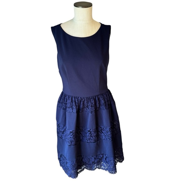 Betsey Johnson Navy Round Neck Floral Lace Fit And Flare Mini Dress Size 10 - Picture 1 of 7